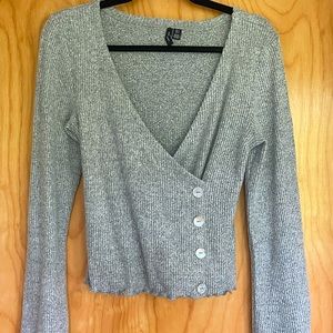 ASOS gray wrap cardigan with lettuce hem and button detail